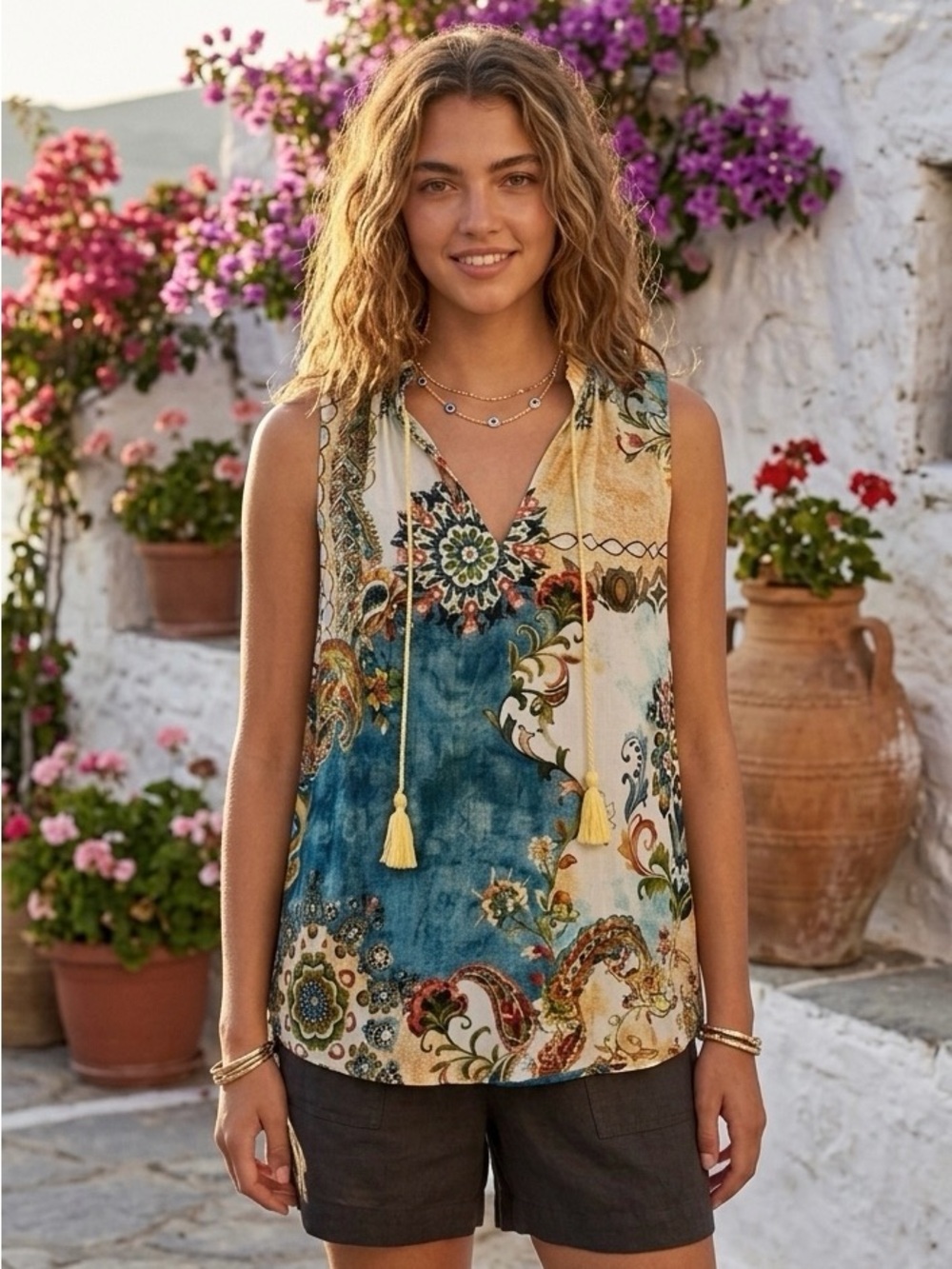 Desigual - Sleeveless Boho Tassel Tie V-Neck Top - Multicolor